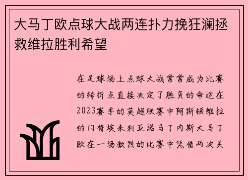 大马丁欧点球大战两连扑力挽狂澜拯救维拉胜利希望 大马丁欧点球大战两连扑力挽狂澜拯救维拉胜利希望